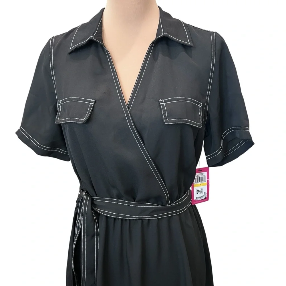 Vince Camuto Belted Faux Wrap Shirt Dress Contrast Stitch Black White M NWT